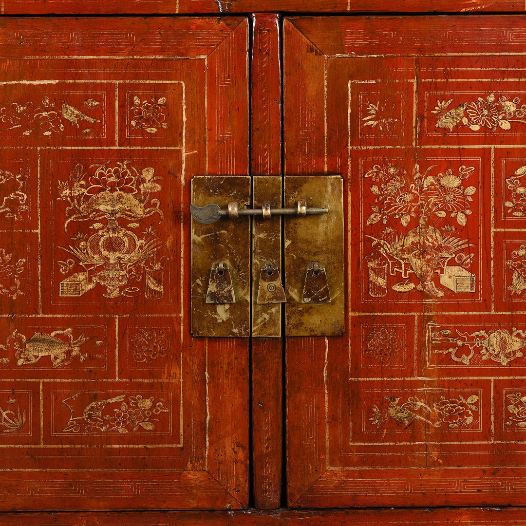 Doors Detail From Antique Red Lacquer Chinese Sideboard From Dongbei - Ca 1920 | INDIGO ANTIQUES
