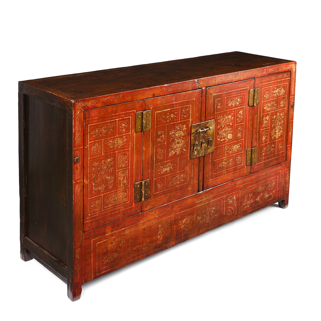 Angled View Of Antique Red Lacquer Chinese Sideboard From Dongbei - Ca 1920 | INDIGO ANTIQUES