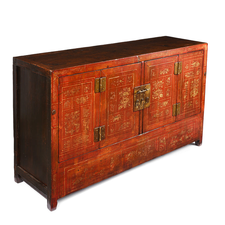 Angled View Of Antique Red Lacquer Chinese Sideboard From Dongbei - Ca 1920 | INDIGO ANTIQUES