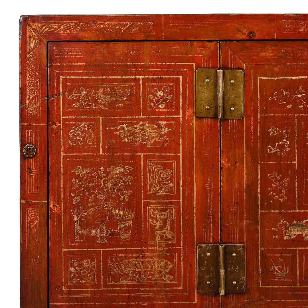 Corner Detail From Antique Red Lacquer Chinese Sideboard From Dongbei - Ca 1920 | INDIGO ANTIQUES