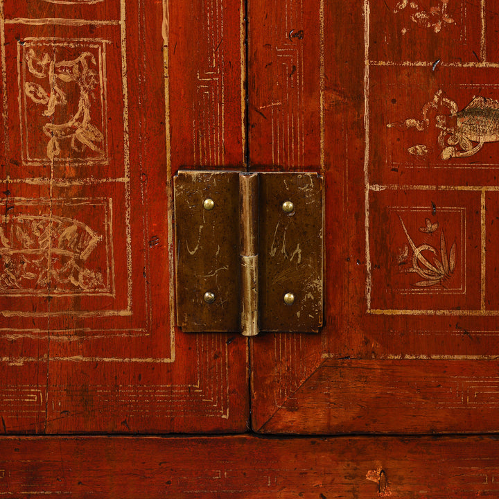 Hinge Detail From Antique Red Lacquer Chinese Sideboard From Dongbei - Ca 1920 | INDIGO ANTIQUES