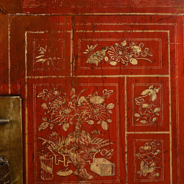 Paintwork Detail From Antique Red Lacquer Chinese Sideboard From Dongbei - Ca 1920 | INDIGO ANTIQUES