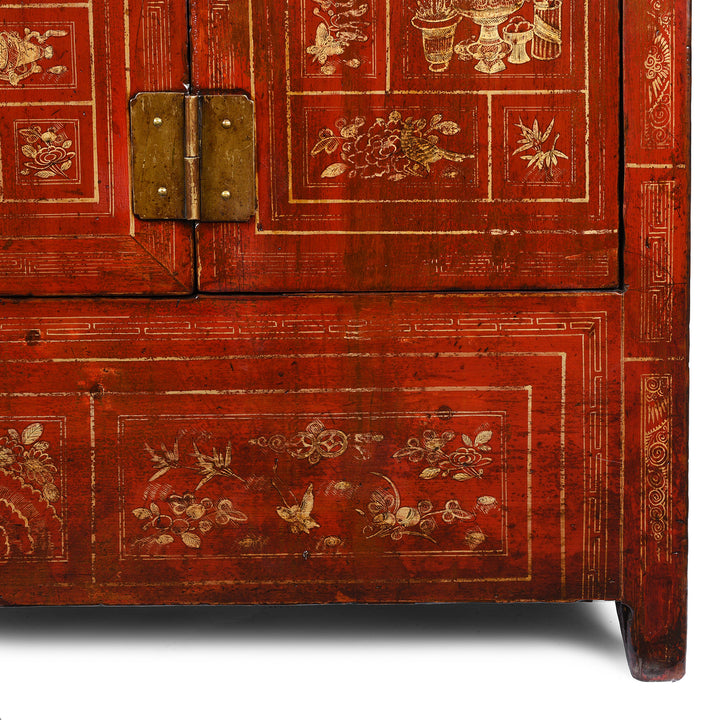 Leg Detail From Antique Red Lacquer Chinese Sideboard From Dongbei - Ca 1920 | INDIGO ANTIQUES