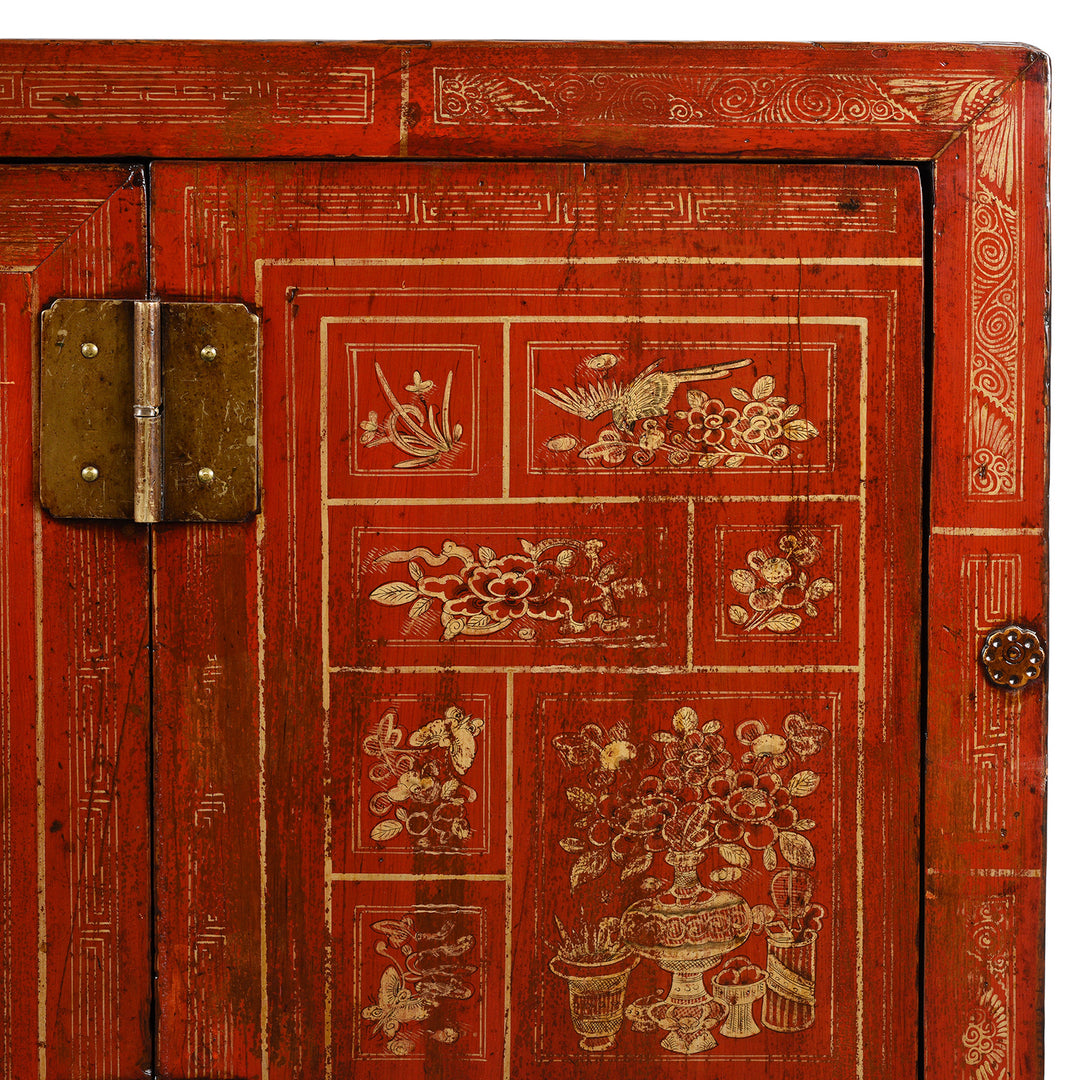 Corner Detail From Antique Red Lacquer Chinese Sideboard From Dongbei - Ca 1920 | INDIGO ANTIQUES