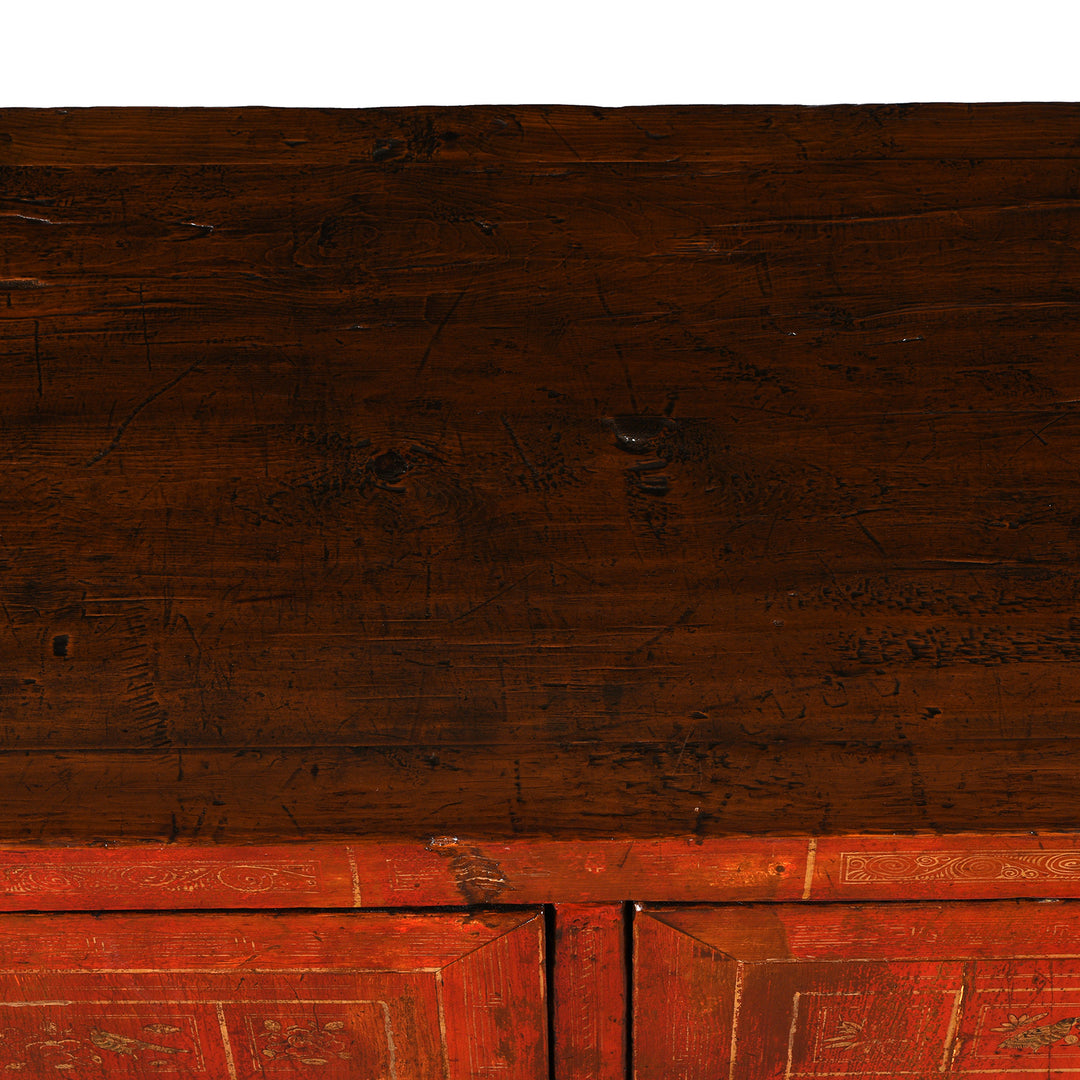 Top Detail From Antique Red Lacquer Chinese Sideboard From Dongbei - Ca 1920 | INDIGO ANTIQUES