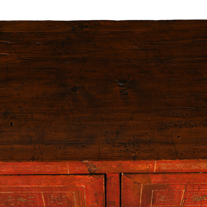 Top Detail From Antique Red Lacquer Chinese Sideboard From Dongbei - Ca 1920 | INDIGO ANTIQUES