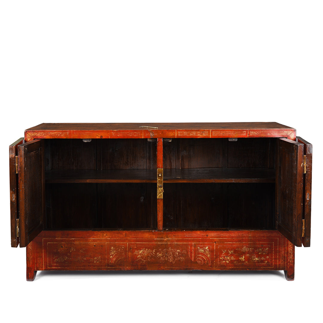 Open Doors View Of Antique Red Lacquer Chinese Sideboard From Dongbei - Ca 1920 | INDIGO ANTIQUES
