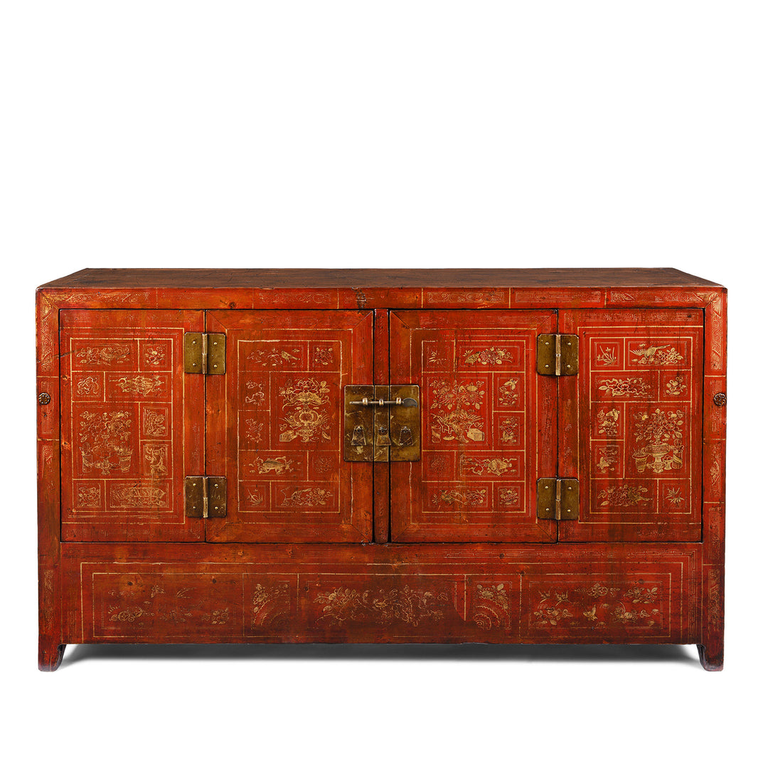 Antique Red Lacquer Chinese Sideboard From Dongbei - Ca 1920 | INDIGO ANTIQUES