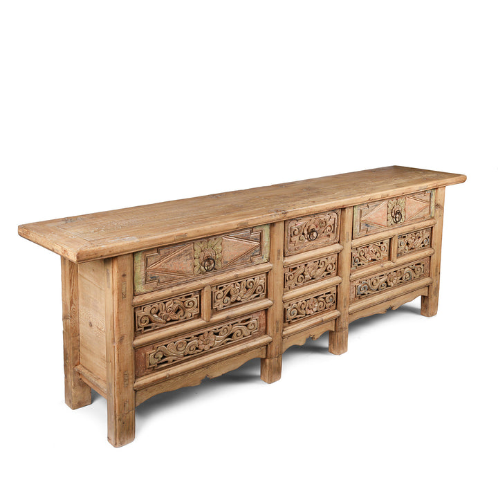 Angled View Of Antique Carved Elm Coffer Sideboard From Shanxi Province - 19th Century | Indigo Antiques