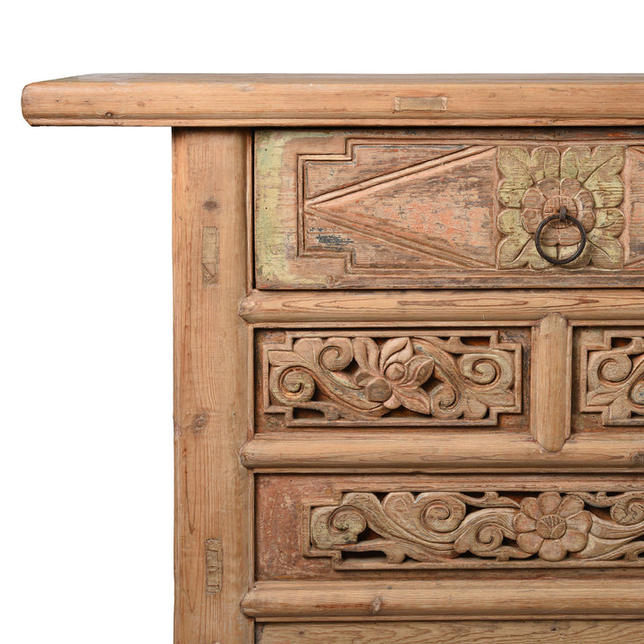 Corner Detail From Antique Carved Elm Coffer Sideboard From Shanxi Province - 19th Century | Indigo Antiques