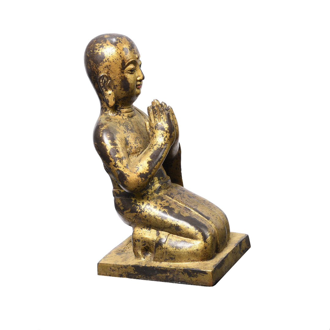Angled View Of Praying Monk Statue | INDIGO ANTIQUES