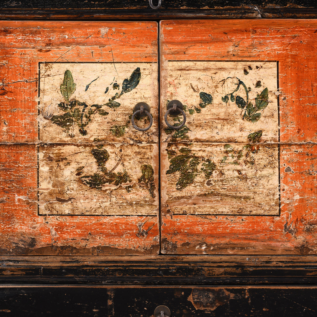 Doors Detail From Antique Painted Mongolian Sideboard Made Elm - Circa 90 Yrs Old | Indigo Antiques