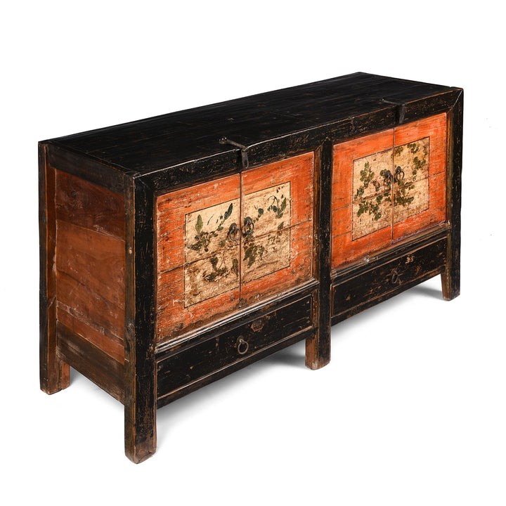 Angled View Of Antique Painted Mongolian Sideboard Made Elm - Circa 90 Yrs Old | Indigo Antiques