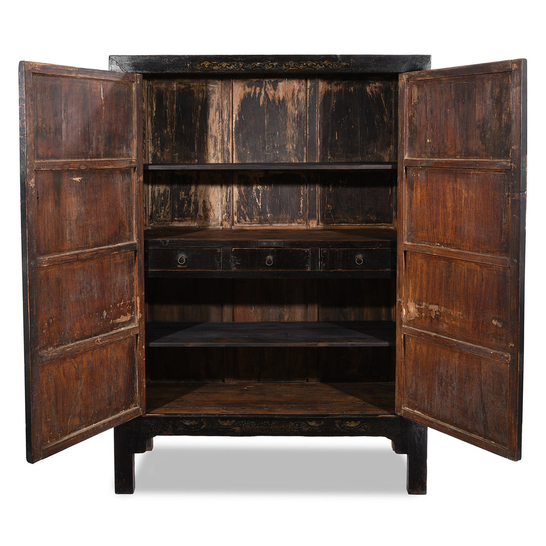 Open Doors View Of Antique Chinese Black Lacquer Wedding Cabinet From Shanxi  -19th Century | Indigo Antiques