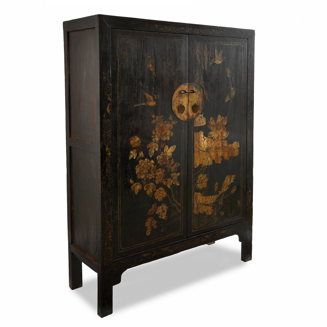 Angled View Of Antique Chinese Black Lacquer Wedding Cabinet From Shanxi  -19th Century | Indigo Antiques