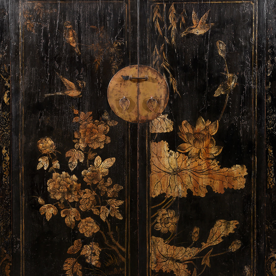 Antique Chinese Black Lacquer Wedding Cabinet From Provincial Shanxi with Chrysanthemum & Hibiscus Designs -19th Century | Indigo Antiques