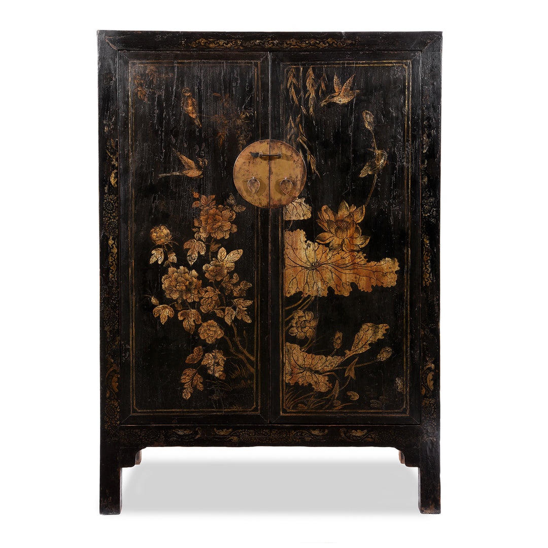 Antique Chinese Black Lacquer Wedding Cabinet From Provincial Shanxi with Chrysanthemum & Hibiscus Designs   -19th Century | Indigo Antiques