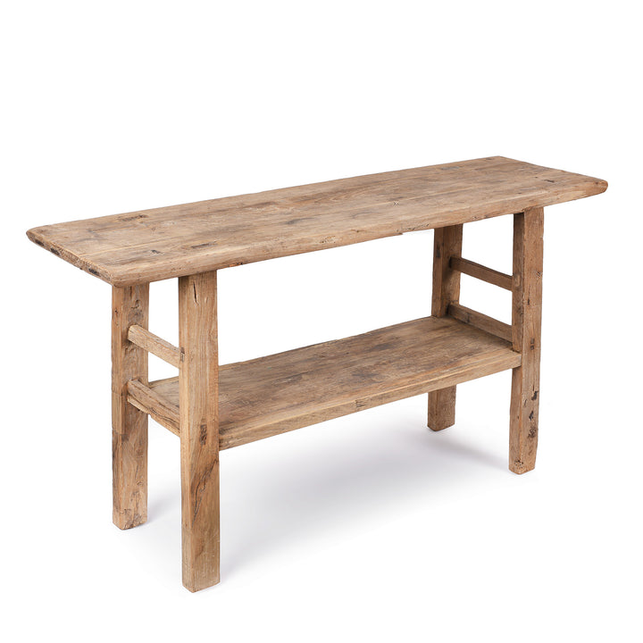 Angled View Of Farmhouse Bleached Elm Console Table | Indigo Antiques