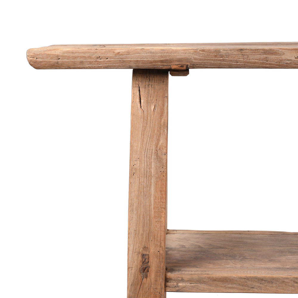 Corner Detail From Farmhouse Bleached Elm Console Table | Indigo Antiques