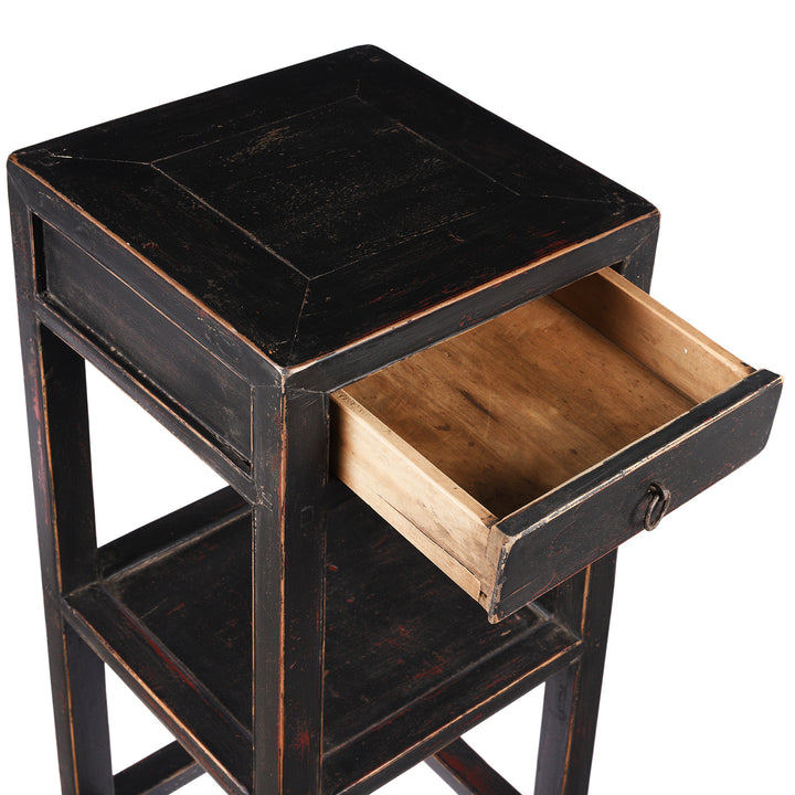 Drawer Detail From Antique Black Lacquer Elm Flower Stand with Drawer - Early 20th Century | Indigo Antiques