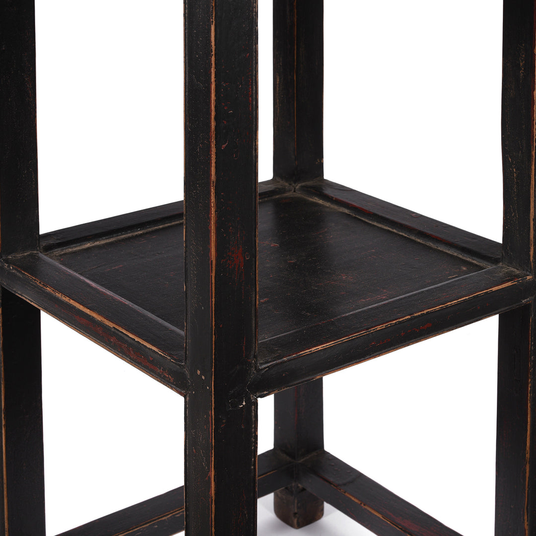 Shelf Detail From Antique Black Lacquer Elm Flower Stand with Drawer - Early 20th Century | Indigo Antiques