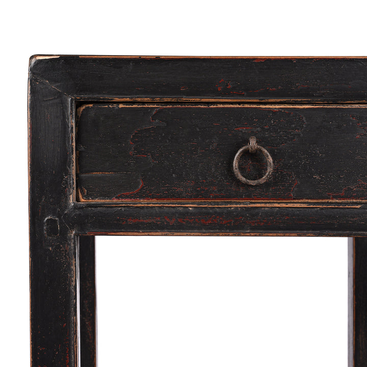 Corner Detail From Antique Black Lacquer Elm Flower Stand with Drawer - Early 20th Century | Indigo Antiques