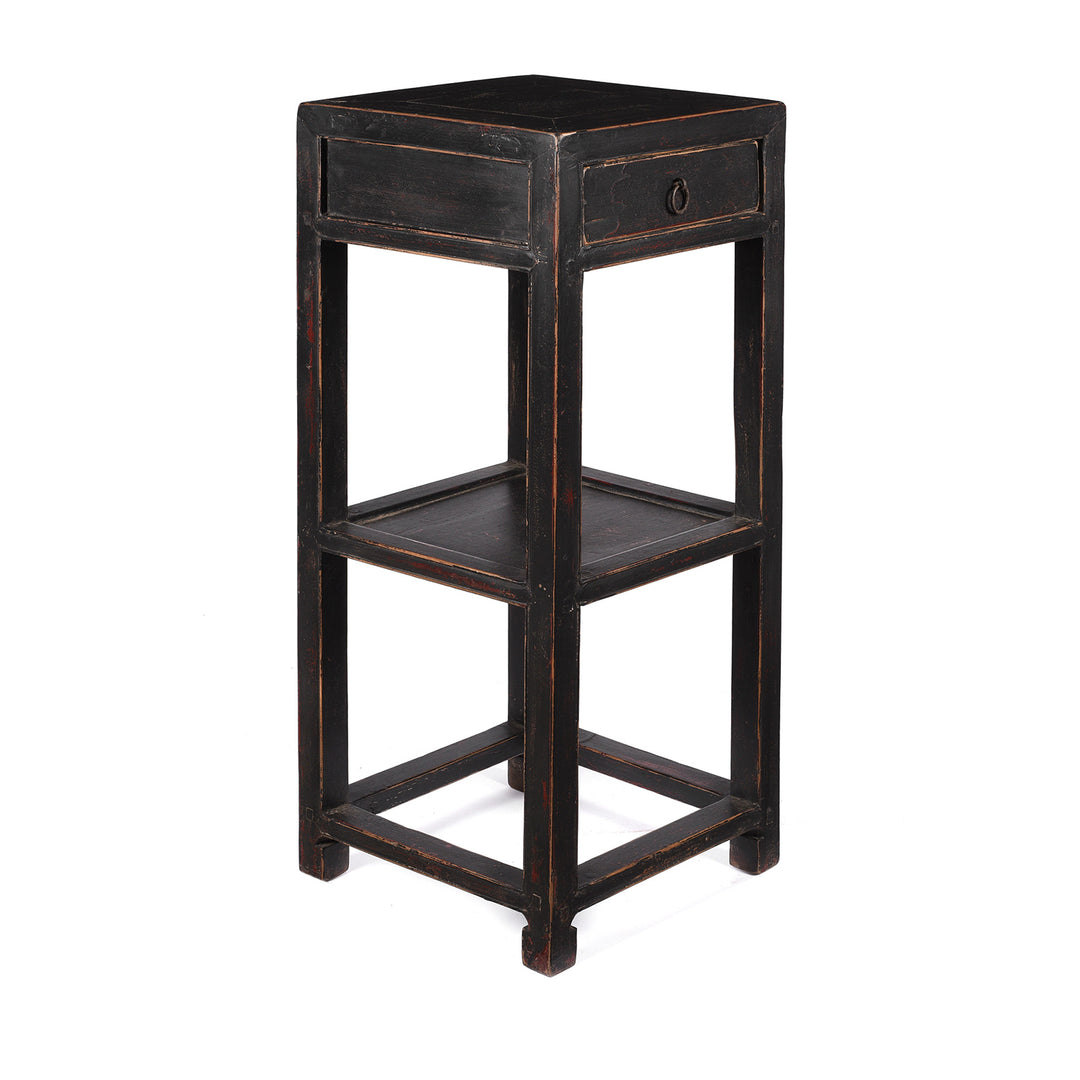 Angled View Of Antique Black Lacquer Elm Flower Stand with Drawer - Early 20th Century | Indigo Antiques