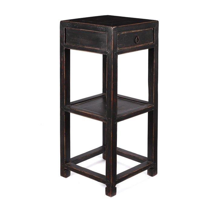 Angled View Of Antique Black Lacquer Elm Flower Stand with Drawer - Early 20th Century | Indigo Antiques