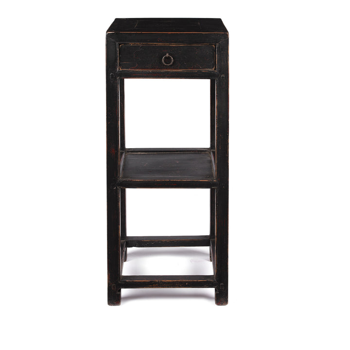 Antique Black Lacquer Elm Flower Stand with Drawer - Early 20th Century | Indigo Antiques