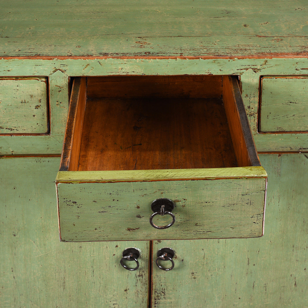 Open Drawers View Of Reproduction Green Lacquer 2 Door Sideboard - Hebei Style | Indigo Antiques