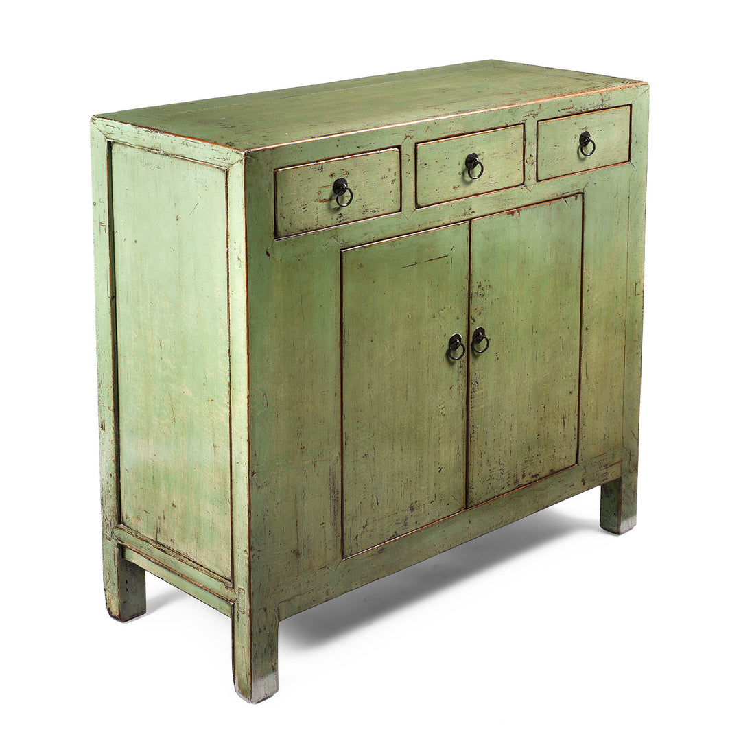 Angled View Of Reproduction Green Lacquer 2 Door Sideboard - Hebei Style | Indigo Antiques