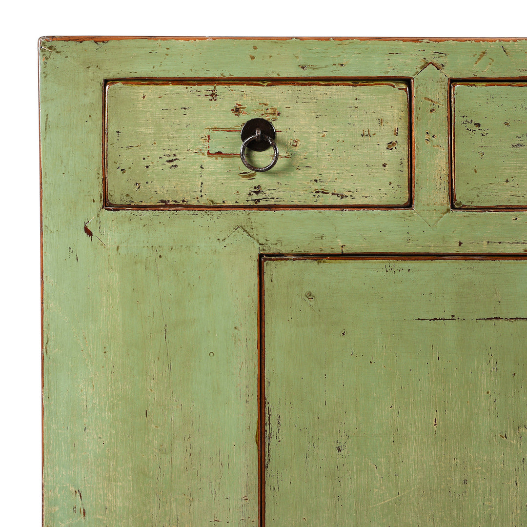 Corner Detail From Reproduction Green Lacquer 2 Door Sideboard - Hebei Style | Indigo Antiques