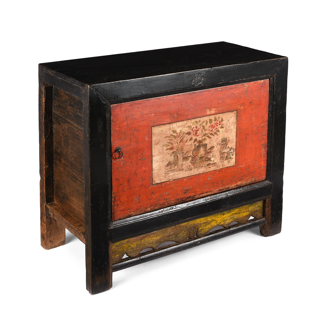 Angled View Of Antique Painted Mongolian Side Cabinet - Late 19th Century | Indigo Antiques