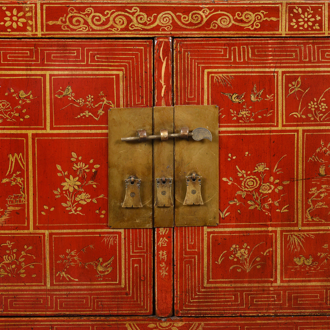 Lock Detail Of an Antique Red Lacquer Chinese Dongbei Sideboard- Ca 1920