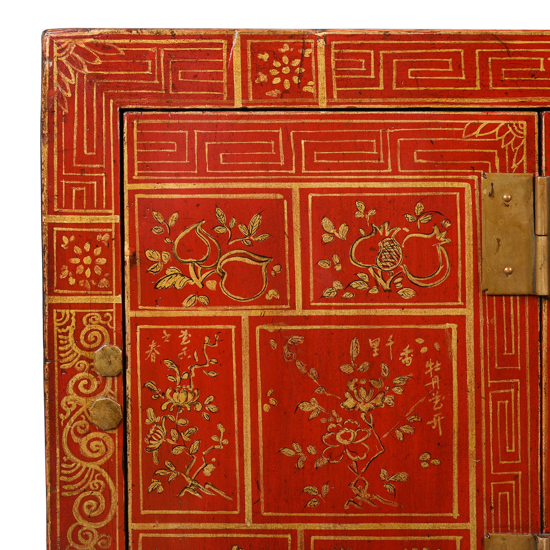 Corner detail of an Antique Red Lacquer Chinese Dongbei Sideboard- Ca 1920