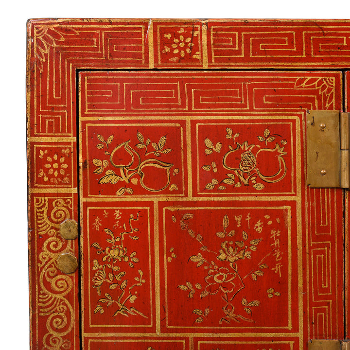 Corner detail of an Antique Red Lacquer Chinese Dongbei Sideboard- Ca 1920
