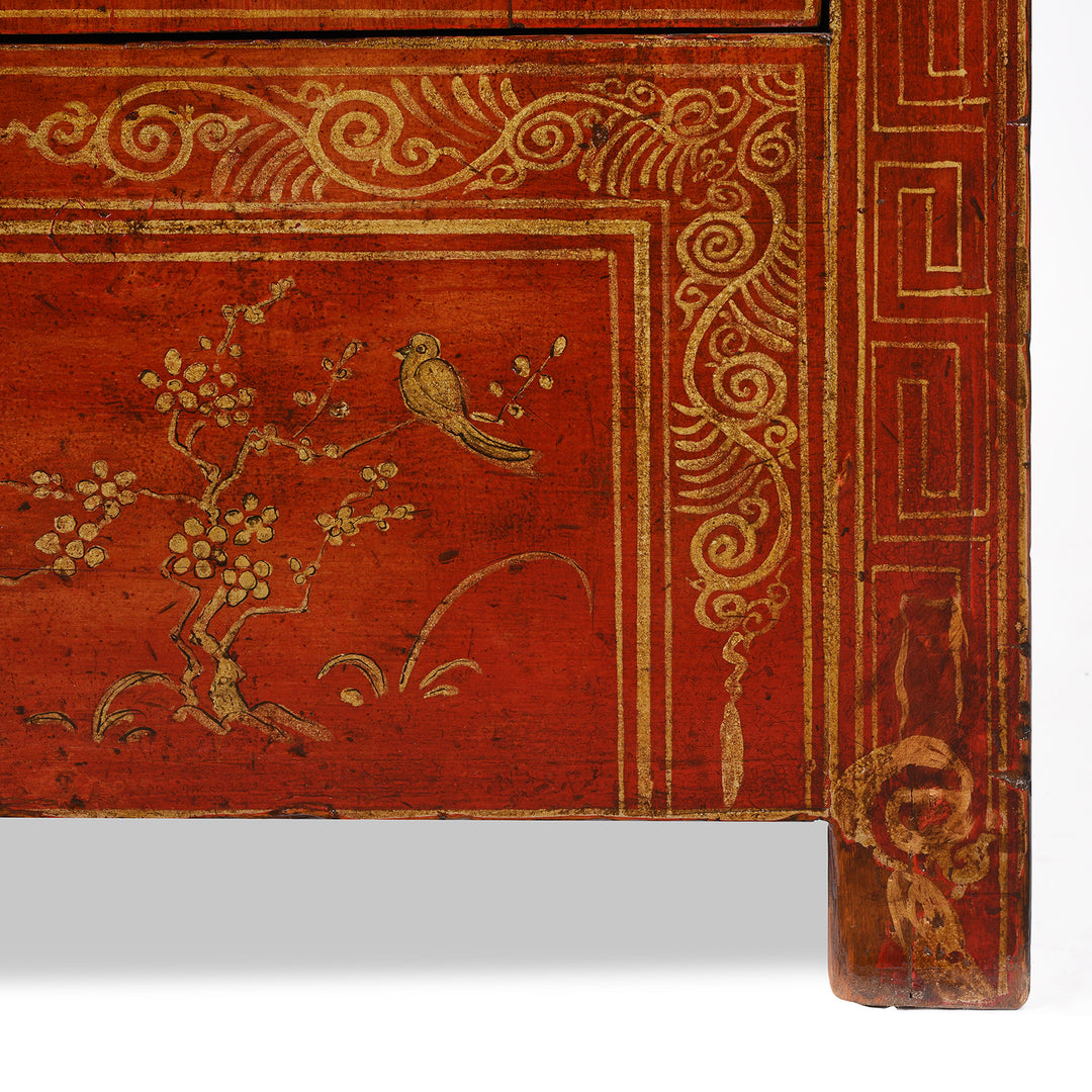 Bird detail of an Antique Red Lacquer Chinese Dongbei Sideboard- Ca 1920