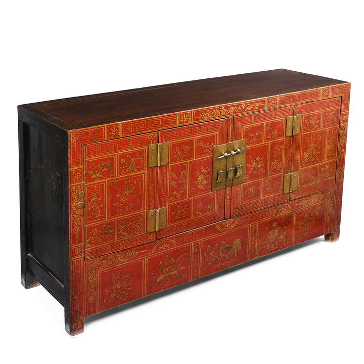 Side detail of an Antique Red Lacquer Chinese Dongbei Sideboard- Ca 1920