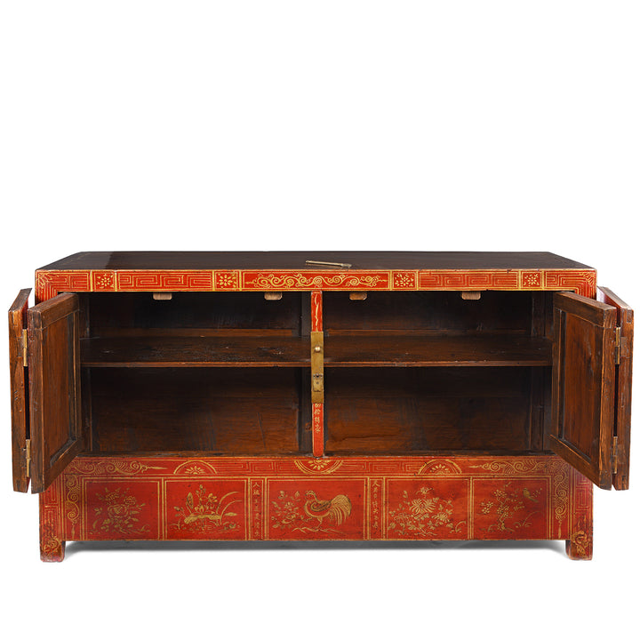 Interior detail of an Antique Red Lacquer Chinese Dongbei Sideboard- Ca 1920
