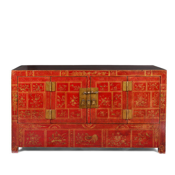 Red Lacquer Chinese Sideboard From Dongbei - Ca 1920