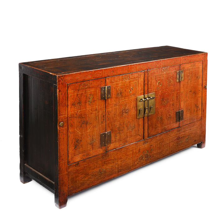 Angled View Of Antique Red Lacquer Chinese Sideboard From Dongbei - Ca 1920 | INDIGO ANTIQUES