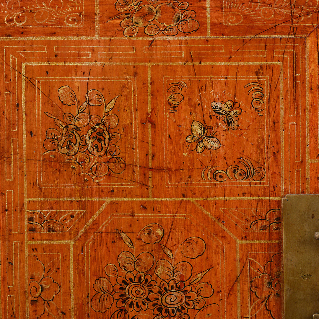 Paintwork Detail From Antique Red Lacquer Chinese Sideboard From Dongbei - Ca 1920 | INDIGO ANTIQUES