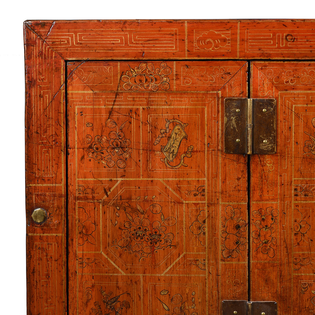 Corner Detail From Antique Red Lacquer Chinese Sideboard From Dongbei - Ca 1920 | INDIGO ANTIQUES
