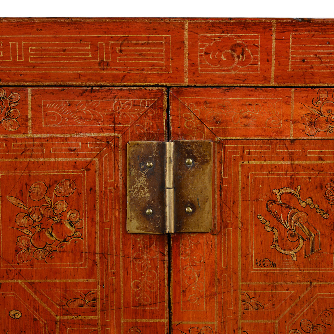 Hinge Detail From Antique Red Lacquer Chinese Sideboard From Dongbei - Ca 1920 | INDIGO ANTIQUES