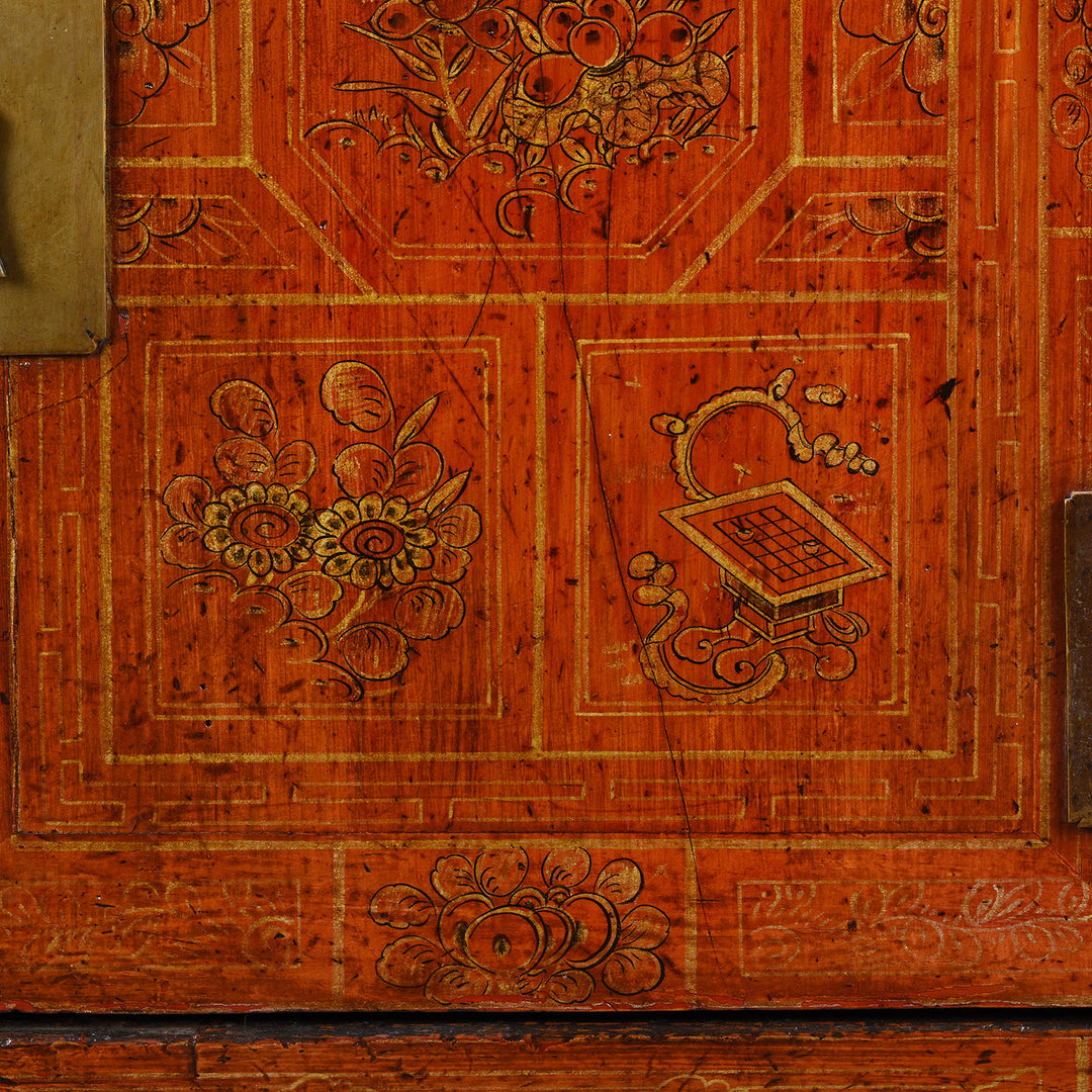 Paintwork Detail From Antique Red Lacquer Chinese Sideboard From Dongbei - Ca 1920 | INDIGO ANTIQUES
