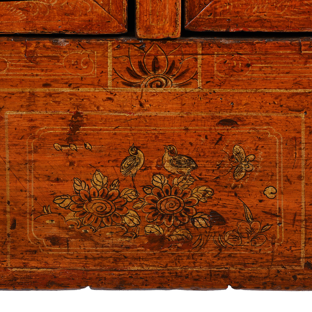 Paintwork Detail From Antique Red Lacquer Chinese Sideboard From Dongbei - Ca 1920 | INDIGO ANTIQUES