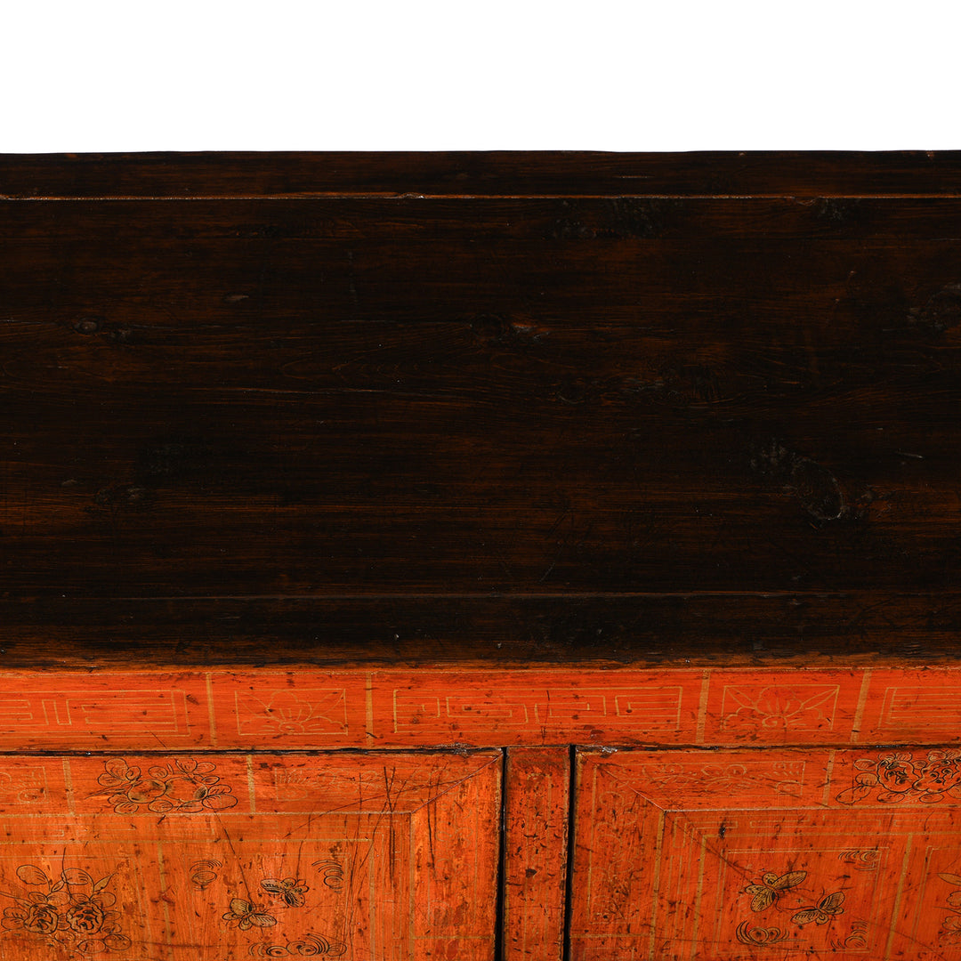 Surface Top Detail From Antique Red Lacquer Chinese Sideboard From Dongbei - Ca 1920 | INDIGO ANTIQUES