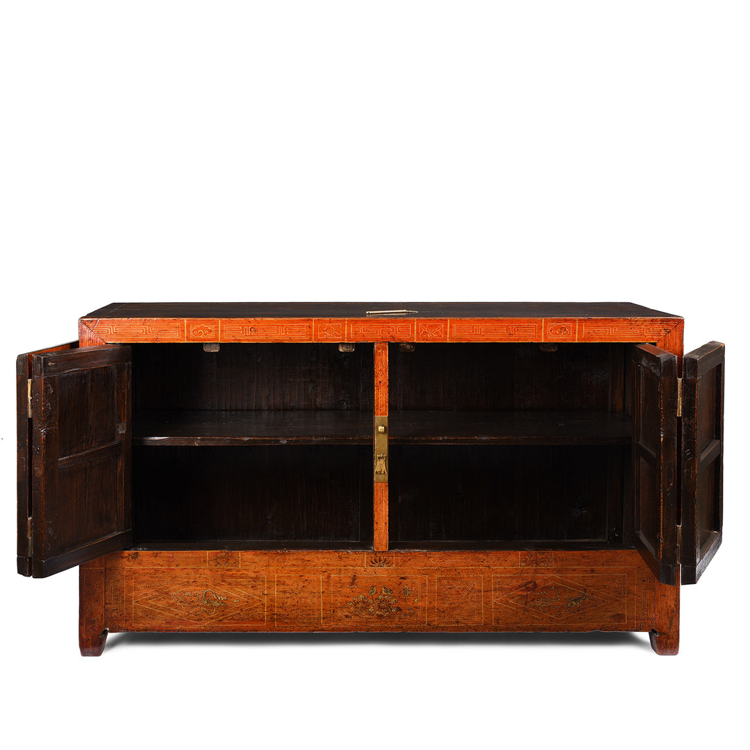Open Doors View Of Antique Red Lacquer Chinese Sideboard From Dongbei - Ca 1920 | INDIGO ANTIQUES
