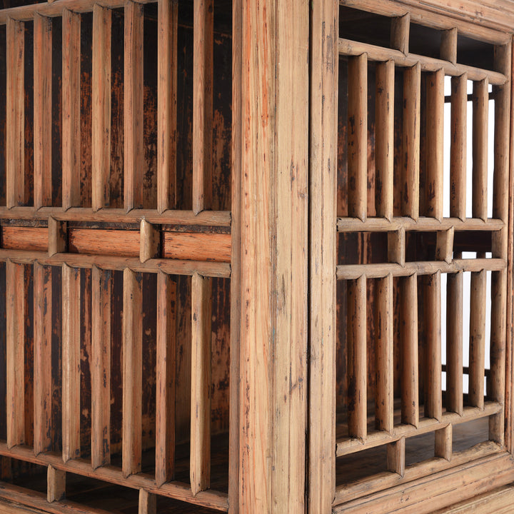 Lattice Detail from an Antique Chinese Lattice Kitchen Cabinet From Shanghai | Bleached Pine Wood | Indigo Antiques
