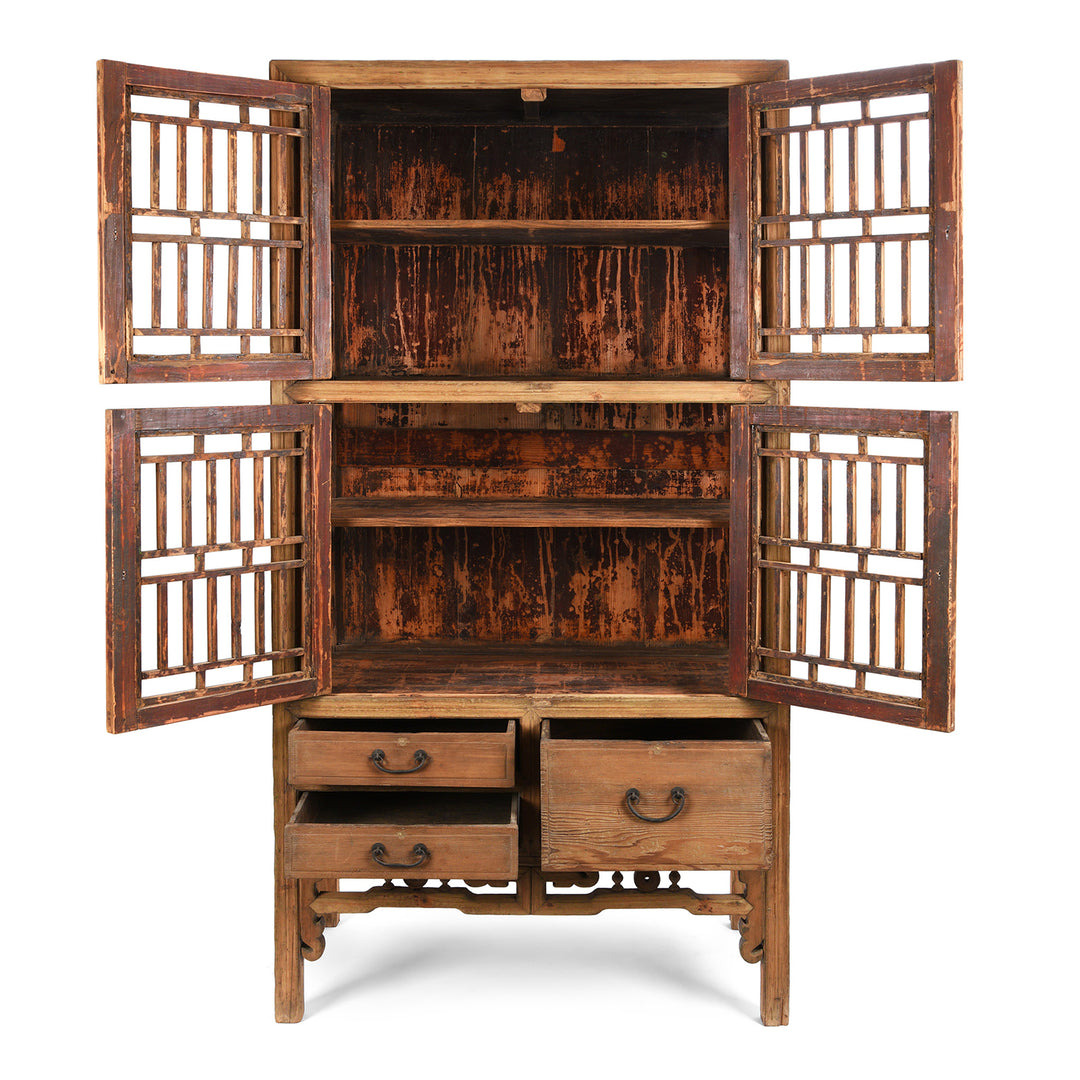 Open Detail from a Antique Chinese Lattice Kitchen Cabinet From Shanghai | Bleached Pine Wood | Indigo Antiques